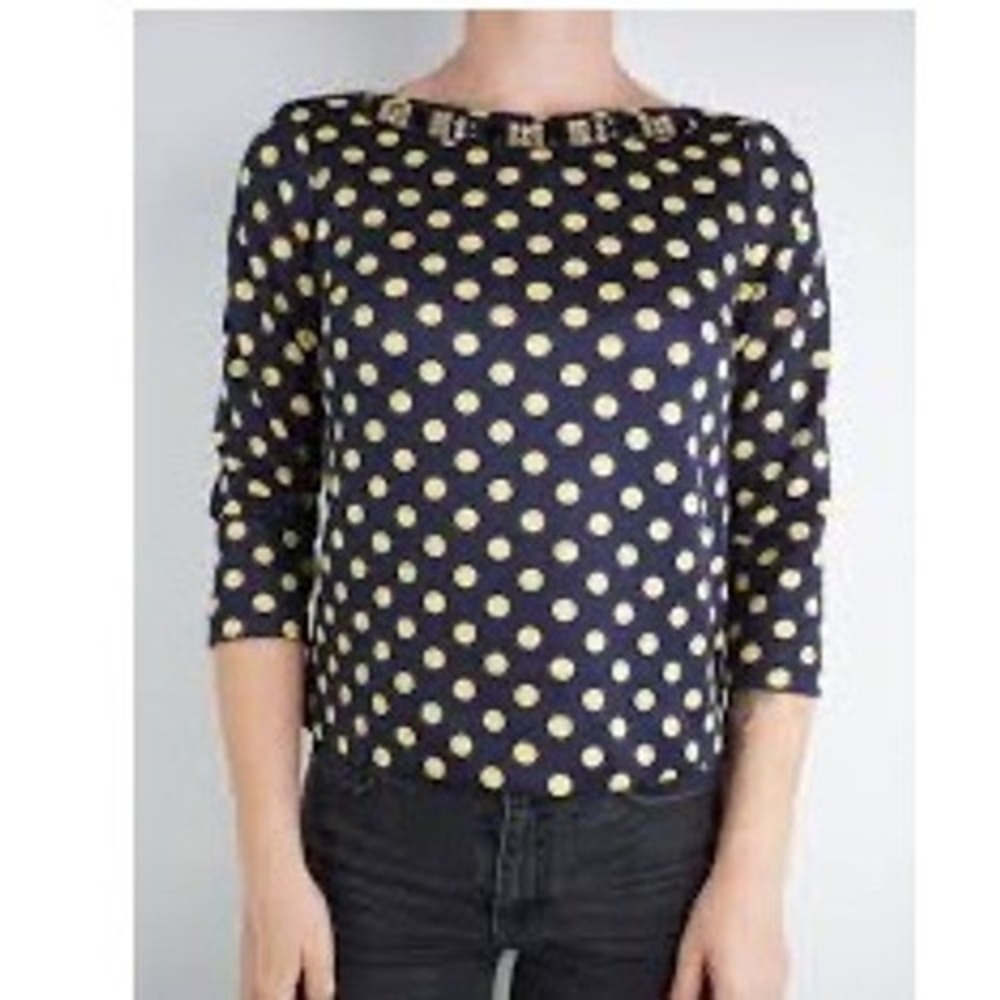 ZARA BASIC Navy Blue Yellow Polka Dot Beaded Boat Neck 3/4 Sleeve Top‎ XS